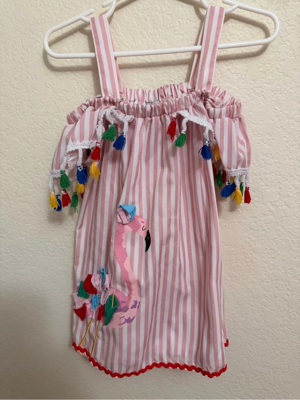 Girls Pink Striped Flamingo Tassel Tank Dress